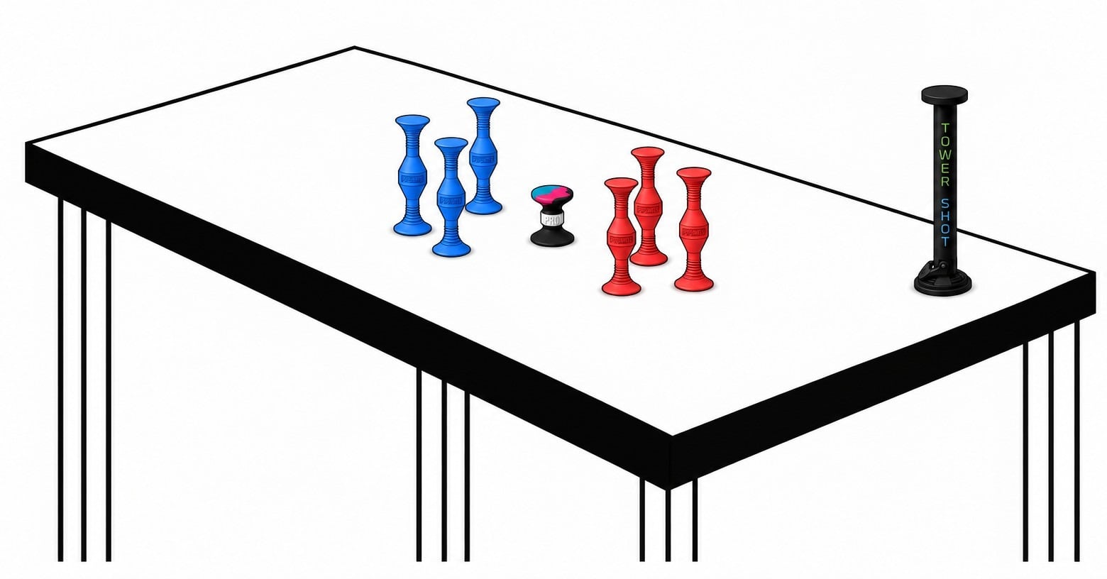 Illustration: an APL table with three blue and three red Popdarts standing around the PRO Target Marker in the centre, and the Tower Shot tower on the corner